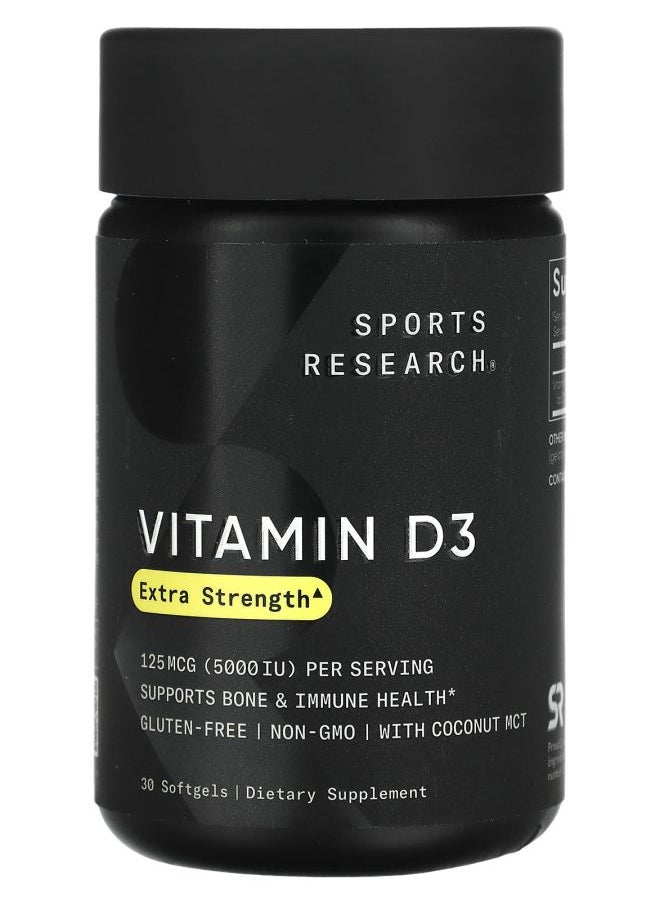 SPORTS RESEARCH Vitamin D3 Extra Strength 125 mcg (5000 IU) 30 Softgels 