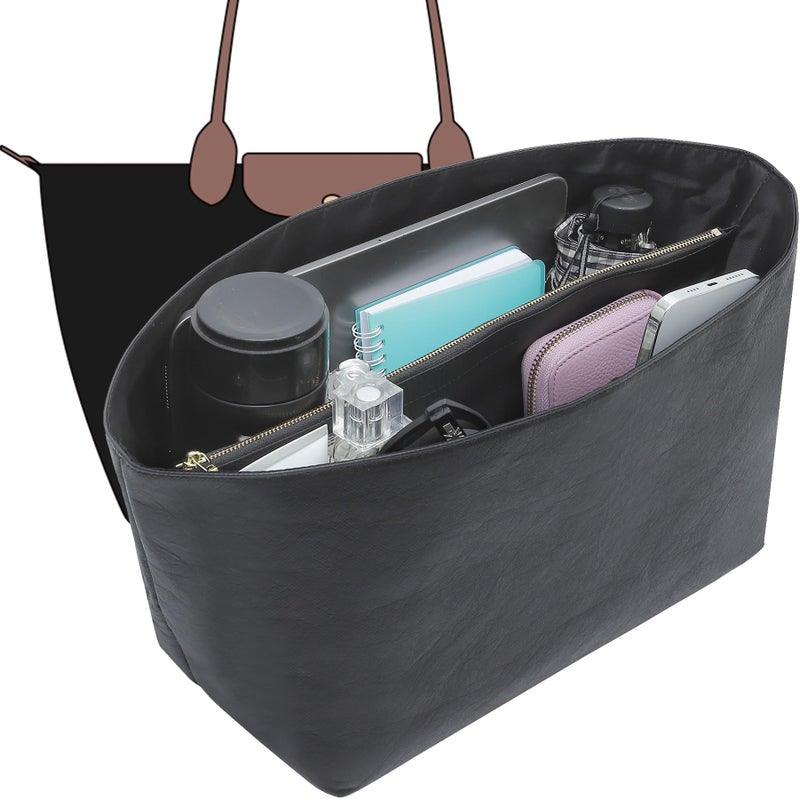 Doxo Purse Organizer Insert for le pliage Tote, Extra Lightweight Waterproof le pliage Large Organizer with YKK Zip, Bag Organizer Insert Compatible with Long Champ Shoulder Bag Large(Black,L) - Image 1