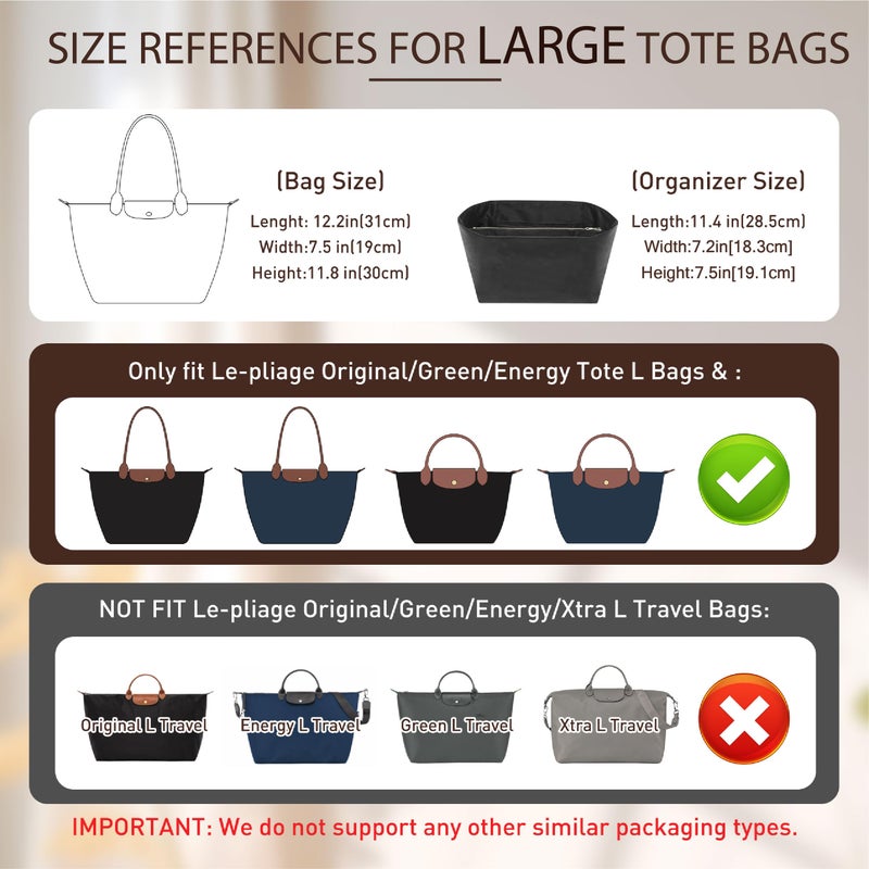Doxo Purse Organizer Insert for le pliage Tote, Extra Lightweight Waterproof le pliage Large Organizer with YKK Zip, Bag Organizer Insert Compatible with Long Champ Shoulder Bag Large(Black,L) - Image 3