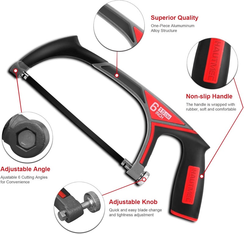 HAUTMEC 6” Pro Mini Hacksaw, Compact Aluminium Frame Hand Saw with 6 Adjustable Cutting Angles, Includes 1 Bi-Metal Blade for Metal, Wood, PVC – HT0145 - Image 2