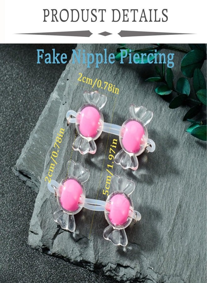 QWALIT Cute Candy Shape Fake Nipple Piercing Fake Nipple Rings Adjustable Elastic Nooses Silicone Hot Pink non-Piercing Faux Body Jewelry for Women Comfortable Valentine's Day - Image 3