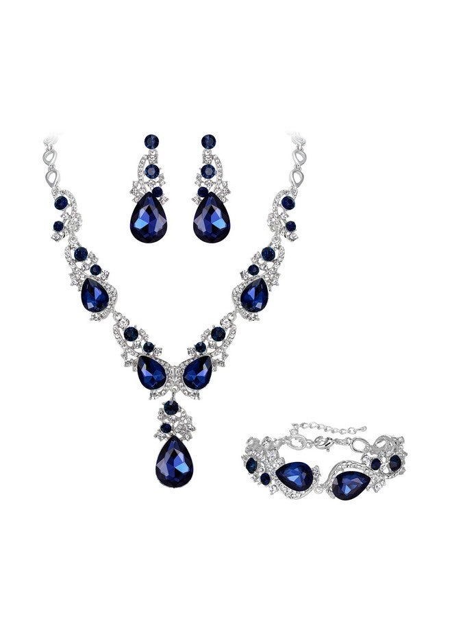 BriLove Wedding Bridal Jewelry For Women Multi Teardrop Cluster Crystal Statement Necklace Dangle Earrings Link Bracelet Set Navy Blue Sapphire Color Silvertone - Image 1