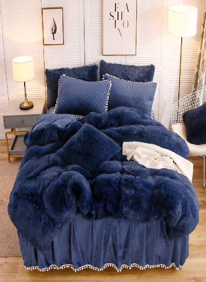 LIFEREVO Luxury Plush Shaggy Duvet Cover Set, Soft Velvet Fluffy Furry Duvet Cover Set(1 Faux Fur Fuzzy Comforter Cover + 2 Pom Poms Pillowcases) Solid Bedding Set, Zipper Closure(Full/Queen, Navy) - Image 1