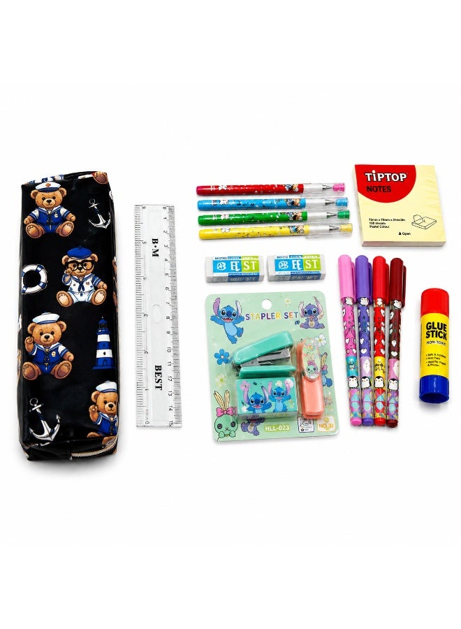 School Stationery Set with Black Pencil Pouch, Green Stapler, 15 cm Ruler, Ball Pen, Eraser, Sticky Notes, Glue Stick and 4 Pencils | Complete Writing & Office Supplies Kit for School, College, Home and Daily Study