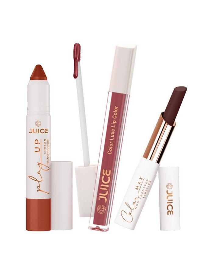 Juice Long Lasting, 3pc Lipstick Combo Set For Women(Stay-MCR03 Lip Crayon, Pink Desire-M01 Liquid Lipstick, Plum Royale-M10 Slim Stick)