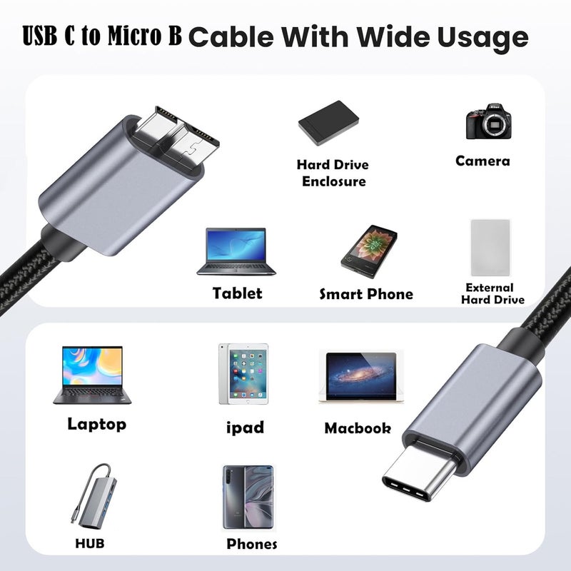 كابل Disscool USB C إلى Micro B، سرعة 10 جيجابت في الثانية، كابل مضفر لمحرك الأقراص الصلبة الخارجي USB Type C إلى Micro B متوافق مع Seagate WD Westgate My Passport، جهاز لوحي (أسود، 0.5 متر/1.64 قدم) - Image 3