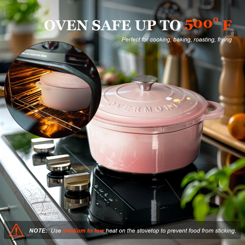 Overmont فرن هولندي من أوفيمونت مصنوع من الحديد الزهر المينا - وعاء سعة 5.5QT مع غطاء وكتاب طبخ وقفازات قطنية - أدوات طهي ثقيلة لتحضير الأطعمة المطبوخة ببطء، اليخنات، الشواء، وخبز الخبز باللون الوردي - Image 4