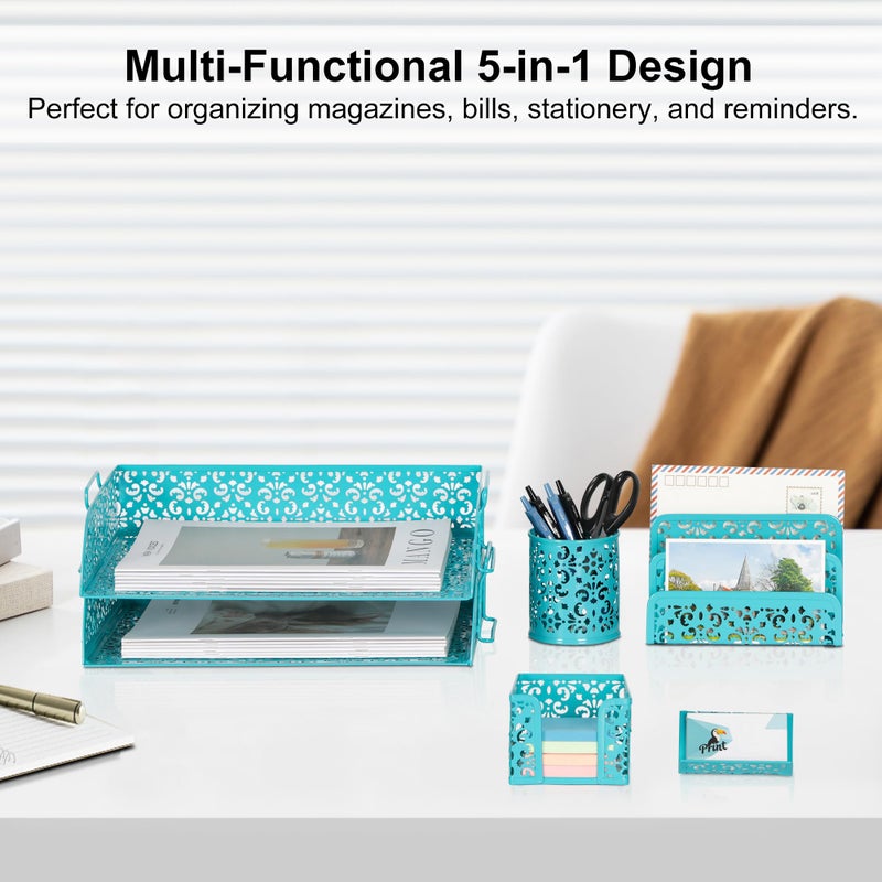 EasyPAG Desk Organizers and Accessories 5 Pieces Office Supplies Set - 2 Tier Paper Tray, Pencil Organizer for Desk, Mail Sorter Countertop, Business Card Holder and Sticky Note Holder, Dark Teal - Image 3