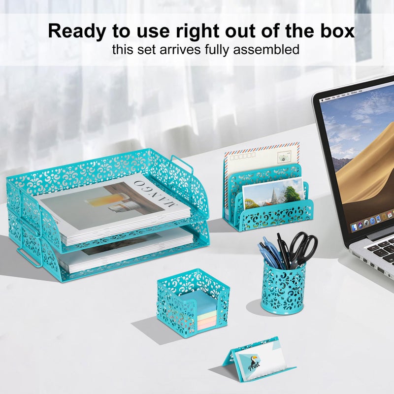 EasyPAG Desk Organizers and Accessories 5 Pieces Office Supplies Set - 2 Tier Paper Tray, Pencil Organizer for Desk, Mail Sorter Countertop, Business Card Holder and Sticky Note Holder, Dark Teal - Image 4