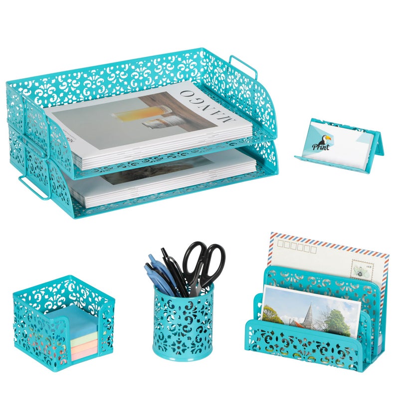 EasyPAG Desk Organizers and Accessories 5 Pieces Office Supplies Set - 2 Tier Paper Tray, Pencil Organizer for Desk, Mail Sorter Countertop, Business Card Holder and Sticky Note Holder, Dark Teal - Image 1