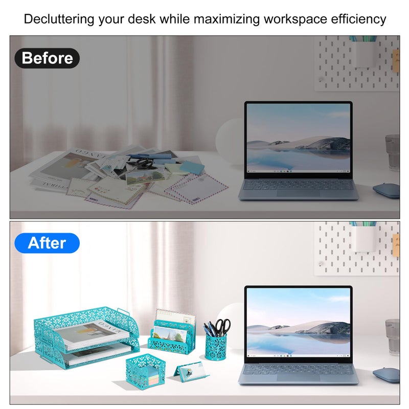 EasyPAG Desk Organizers and Accessories 5 Pieces Office Supplies Set - 2 Tier Paper Tray, Pencil Organizer for Desk, Mail Sorter Countertop, Business Card Holder and Sticky Note Holder, Dark Teal - Image 5