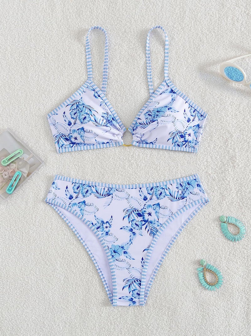 Tainehs Women's Two Piece Bikini Sets O Ring Front Top Ditsy Floral Triangle Swimsuits Cheeky Bathing Suit - Image 4