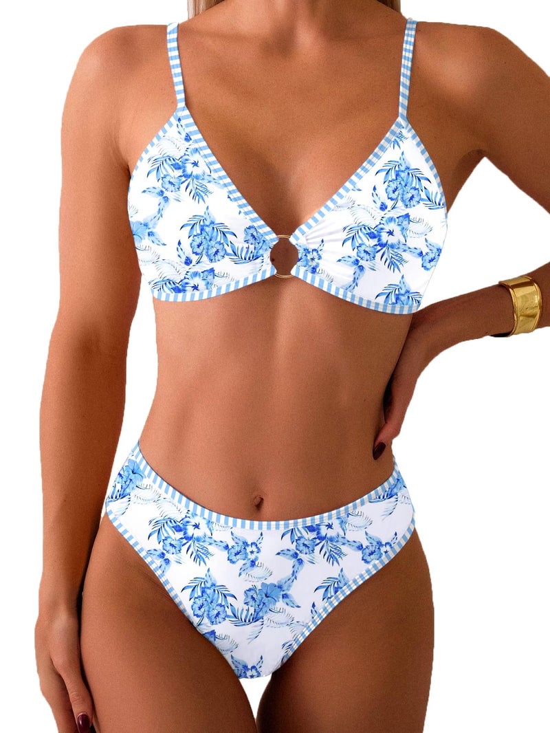 Tainehs Women's Two Piece Bikini Sets O Ring Front Top Ditsy Floral Triangle Swimsuits Cheeky Bathing Suit - Image 1