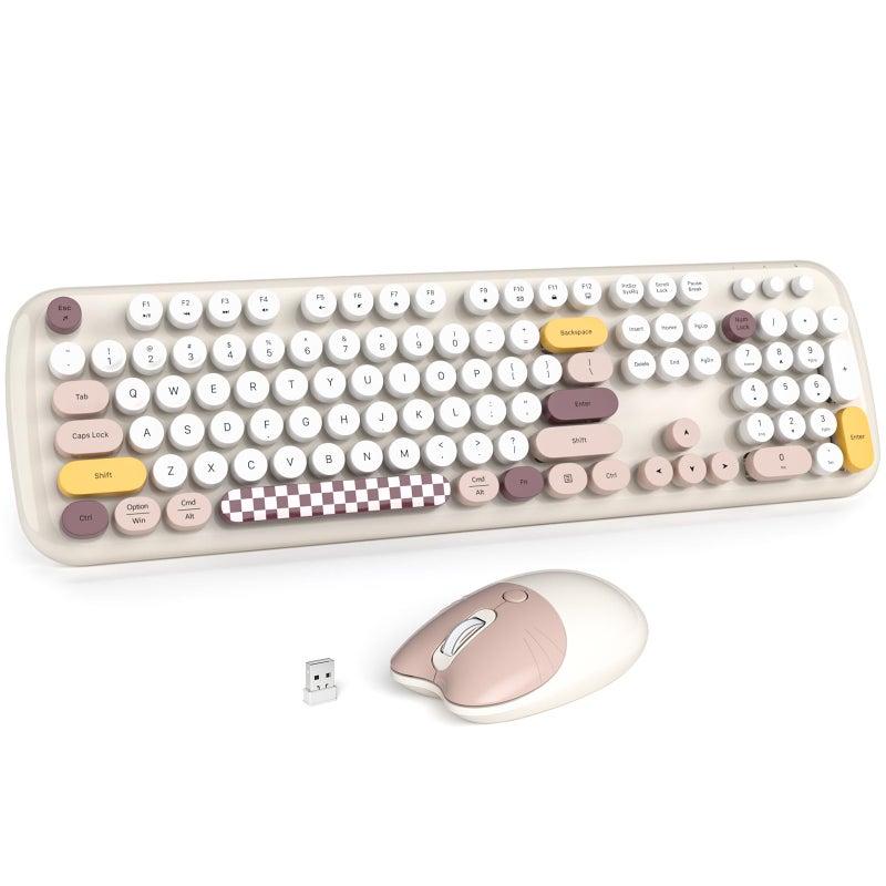 MOWUX Wireless Keyboard and Mouse Combo for Windows, MOWUX 2.4G Full-Sized External Cordless Computer Keyboard, Compact Mouse, 8 Multimedia and Shortcut Keys, for PC, Laptop - Off White Colorful - Image 1