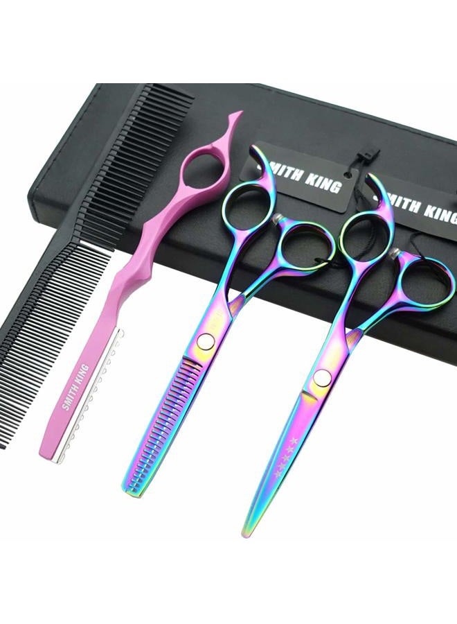 Smithking 5.5 Inches Hair Cutting Scissors Set with Razor Combs Lether Scissors Case,Hair Cutting Shears Hair Thinning Shears for Personal and Professional (Raibow) - Image 1