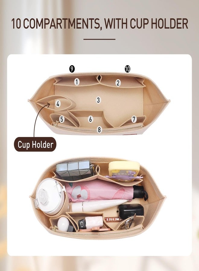 OAikor Tote Bag Organizer Insert with Base Shaper,Felt Purse Organizer Insert Compatible with lv Neverfull MM Organizer,C.oach City 33, Speedy 30, G.oyard PM and More, Purse Divider for Bags,Beige/L - Image 5