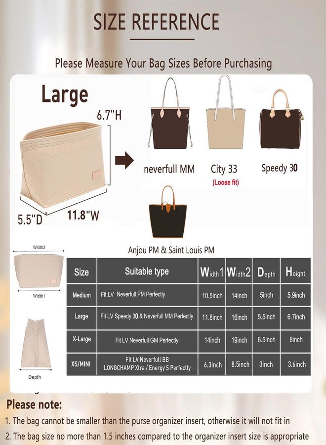 OAikor Tote Bag Organizer Insert with Base Shaper,Felt Purse Organizer Insert Compatible with lv Neverfull MM Organizer,C.oach City 33, Speedy 30, G.oyard PM and More, Purse Divider for Bags,Beige/L - Image 2