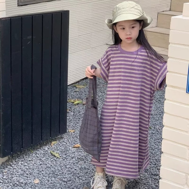 2024 childrens suit boys and girls summer striped short sleeve shorts girls T-shirt skirt baby brother and sister a generation of hair A1079 girldress