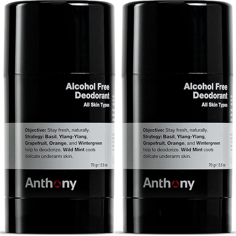 Anthony AlcoholFree AluminumFree Deodorant for Men NonIrritating Cool Gel Stick for Sensitive Skin Sport Strength Formula Prevents Odor All Day Clear StainFree Finish 25 Fl Oz Each Pack of 2