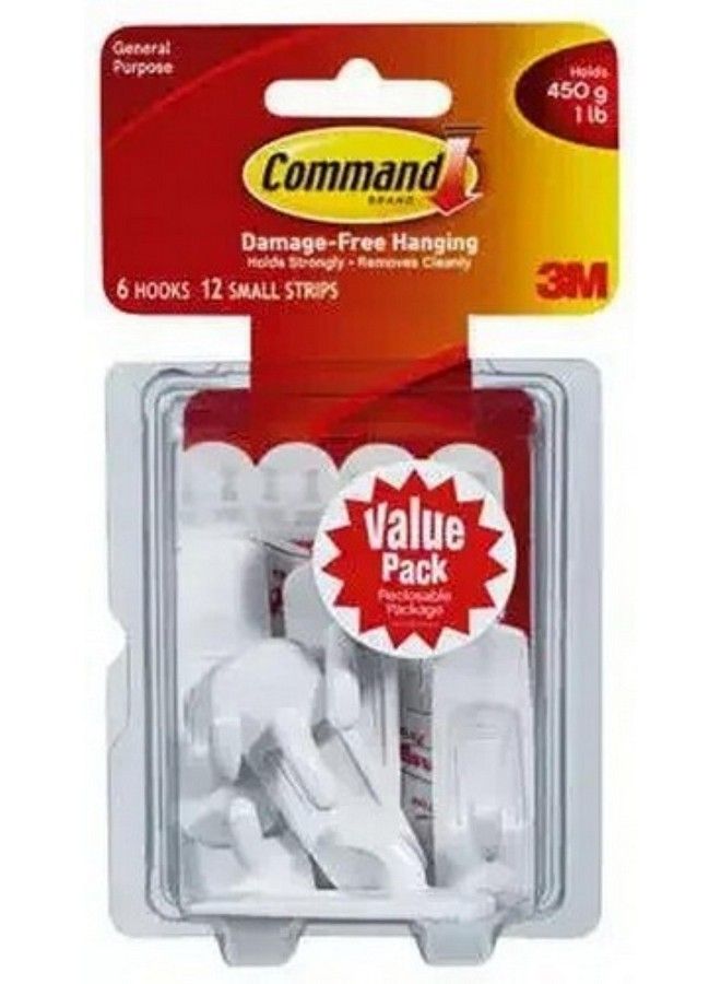 Command 1 Lb Capacity Plastic Utility Hooks For Indoor Use (17002 6Es) Pack Of ( 6 Hooks 12 Strips) White - Image 1