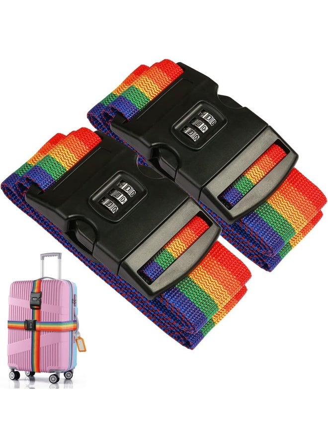 Premify (Set Of 2) Rainbow Color Adjustable Luggage Straps With 3-Digit Combination Lock, Heavy Duty Non-Slip Strap Travel Baggage Belt For Suitcase Safety, 80-Inch, Bag Organizer  - Image 1