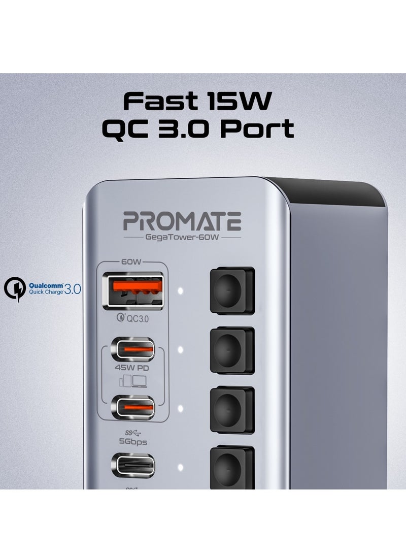 Promate 14-In-1 Multiport 60W USB-C Tower Hub, 3 5Gbps USB-C™ Ports, 4 5Gbps USB-A™ Ports, 2 Ultra-Fast Charging PD48W USB-C 3.0 Port, Fast QC 3.0,On/Off Switches, Plug and Play, GegaTower-60W.GREY.EU Grey - Image 4