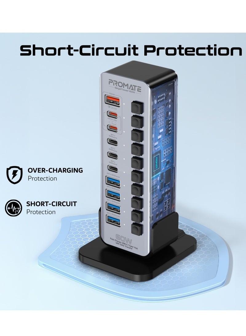 Promate 14-In-1 Multiport 60W USB-C Tower Hub, 3 5Gbps USB-C™ Ports, 4 5Gbps USB-A™ Ports, 2 Ultra-Fast Charging PD48W USB-C 3.0 Port, Fast QC 3.0,On/Off Switches, Plug and Play, GegaTower-60W.GREY.EU Grey - Image 5