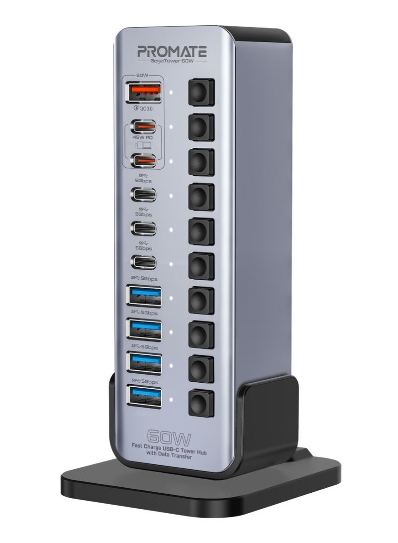 Promate 14-In-1 Multiport 60W USB-C Tower Hub, 3 5Gbps USB-C™ Ports, 4 5Gbps USB-A™ Ports, 2 Ultra-Fast Charging PD48W USB-C 3.0 Port, Fast QC 3.0,On/Off Switches, Plug and Play, GegaTower-60W.GREY.EU Grey - Image 1