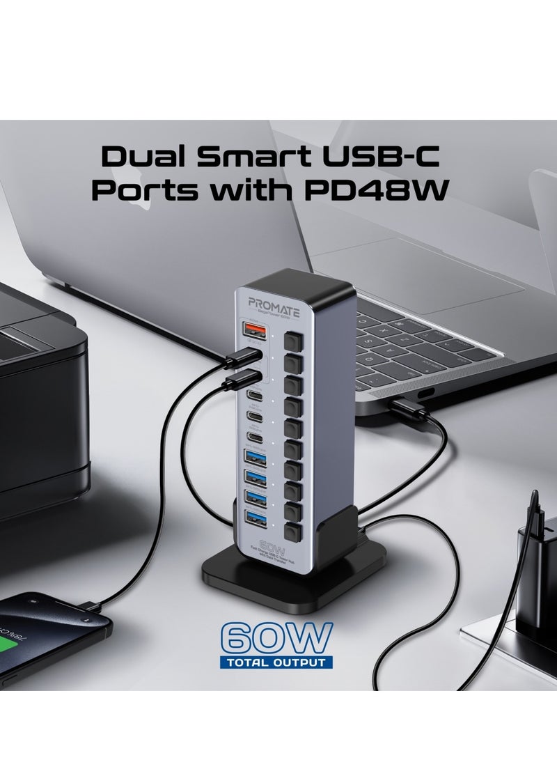 Promate 14-In-1 Multiport 60W USB-C Tower Hub, 3 5Gbps USB-C™ Ports, 4 5Gbps USB-A™ Ports, 2 Ultra-Fast Charging PD48W USB-C 3.0 Port, Fast QC 3.0,On/Off Switches, Plug and Play, GegaTower-60W.GREY.EU Grey - Image 3