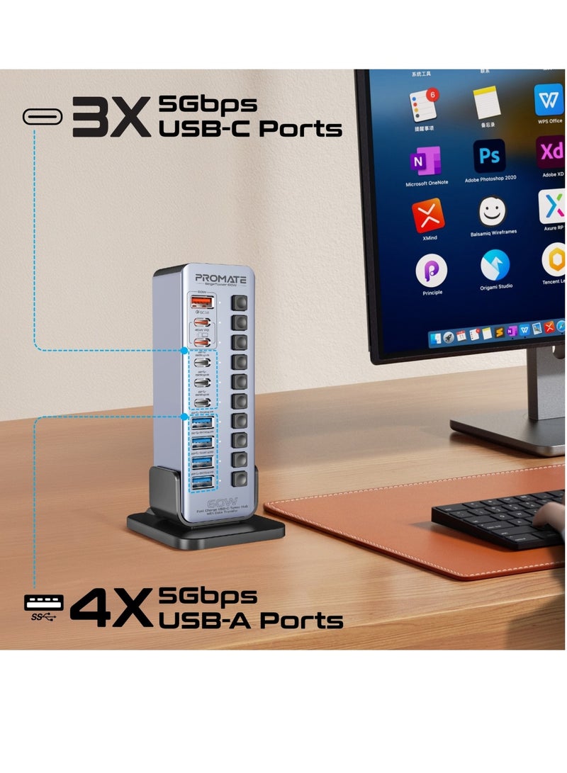 Promate 14-In-1 Multiport 60W USB-C Tower Hub, 3 5Gbps USB-C™ Ports, 4 5Gbps USB-A™ Ports, 2 Ultra-Fast Charging PD48W USB-C 3.0 Port, Fast QC 3.0,On/Off Switches, Plug and Play, GegaTower-60W.GREY.EU Grey - Image 2