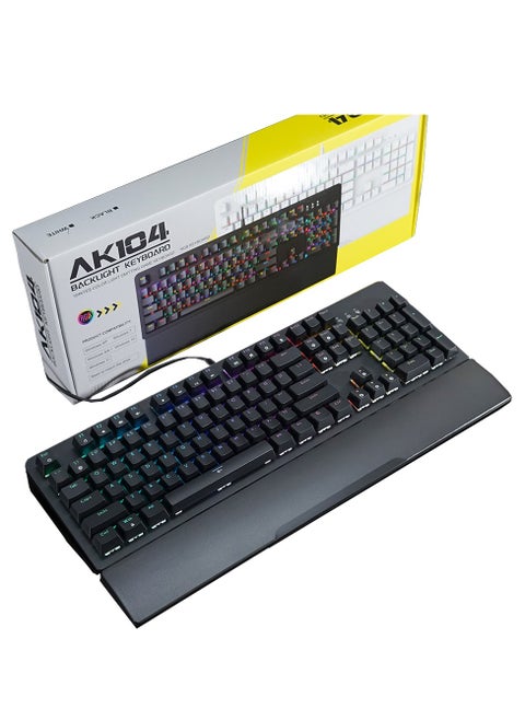 لوحة مفاتيح ميكانيكية للألعاب سلكية بالكامل AK104 RGB مع مسند معصم متين وقابل للفصل، مفتاح أزرق، تبديل سريع، تخطيط 104 مفاتيح إنجليزية، متوافق مع أنظمة تشغيل Windows XP / Windows 7/8/10 / Mac - أسود