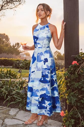 STYLEWORD Womens Summer Maxi Dresses Halter Formal Wedding Guest Cocktail Tea Party Long Spring Dresses 2025 Trendy(Blue Floral,L) - Image 3