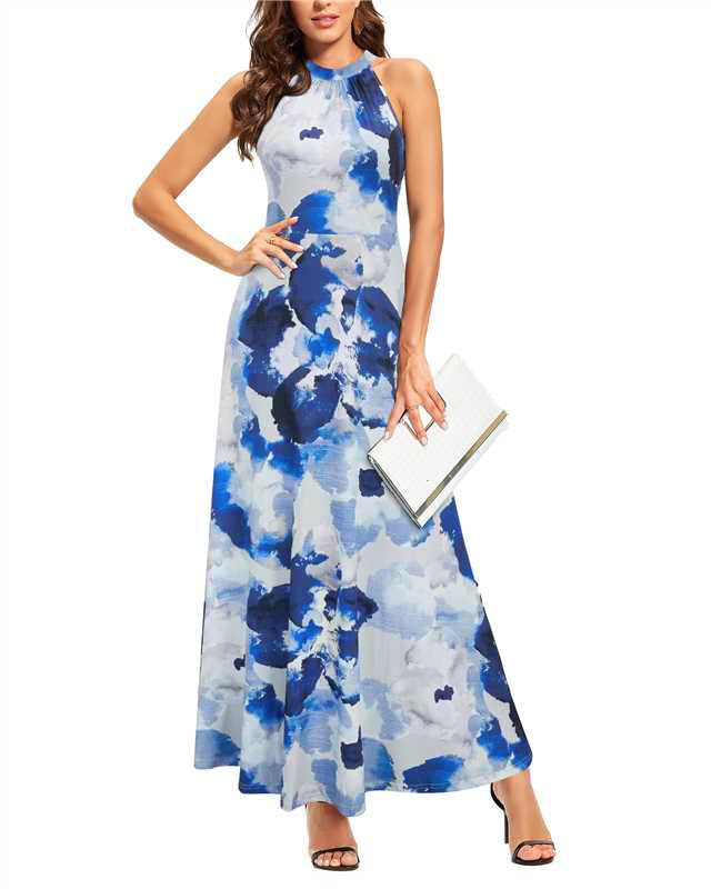 STYLEWORD Womens Summer Maxi Dresses Halter Formal Wedding Guest Cocktail Tea Party Long Spring Dresses 2025 Trendy(Blue Floral,L) - Image 1