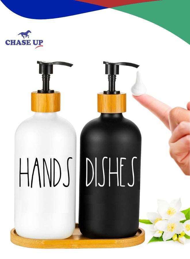 Chase Up Hand Wash and Dish Soap Dispenser Set, 2-Pack Refillable Glass Liquid Pump Bottles, Reusable Black and White Containers with Tray for Kitchen Sink Decor - Image 1