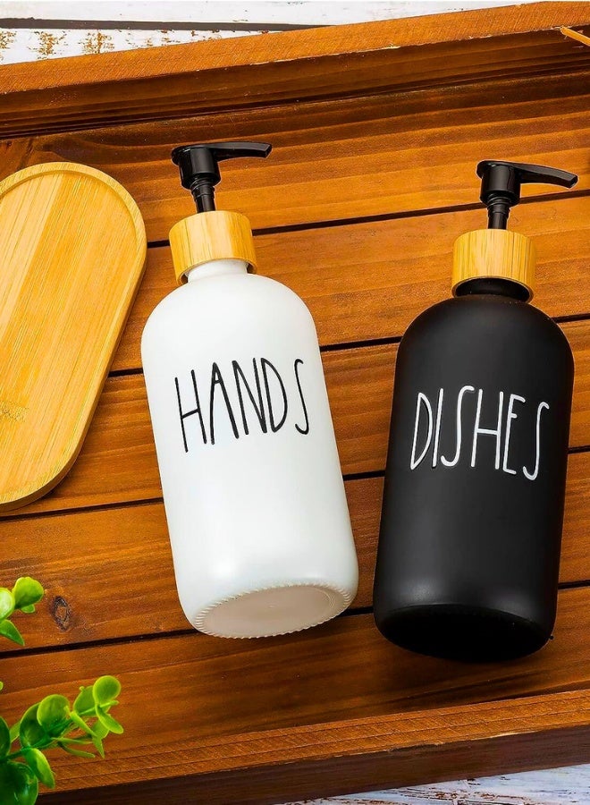 Chase Up Hand Wash and Dish Soap Dispenser Set, 2-Pack Refillable Glass Liquid Pump Bottles, Reusable Black and White Containers with Tray for Kitchen Sink Decor - Image 2