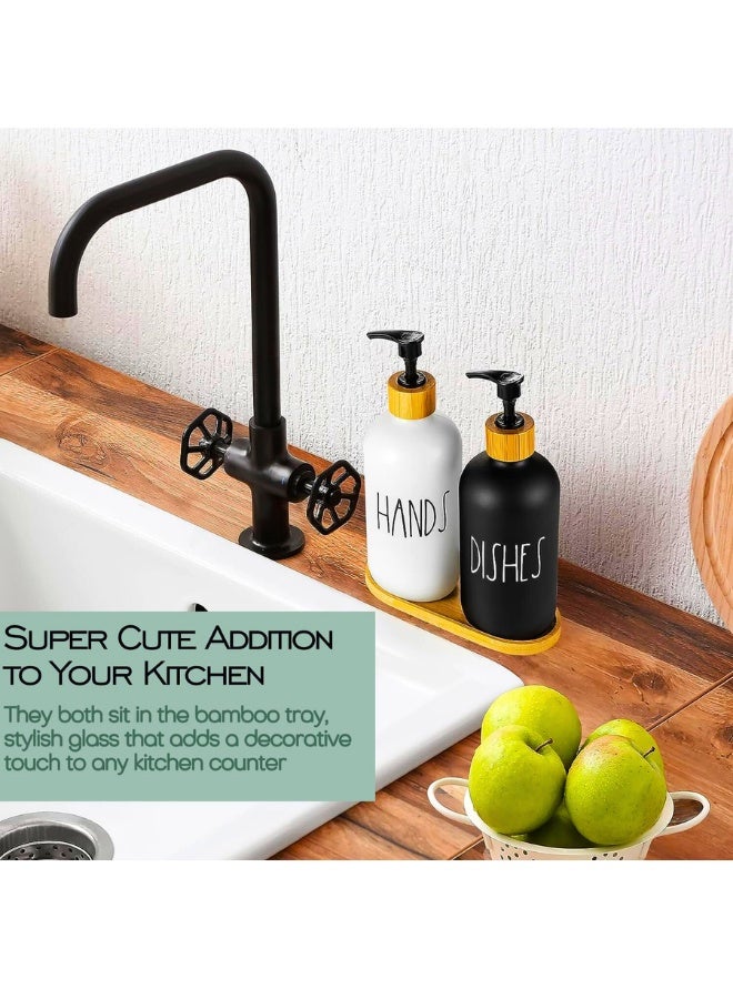 Chase Up Hand Wash and Dish Soap Dispenser Set, 2-Pack Refillable Glass Liquid Pump Bottles, Reusable Black and White Containers with Tray for Kitchen Sink Decor - Image 3