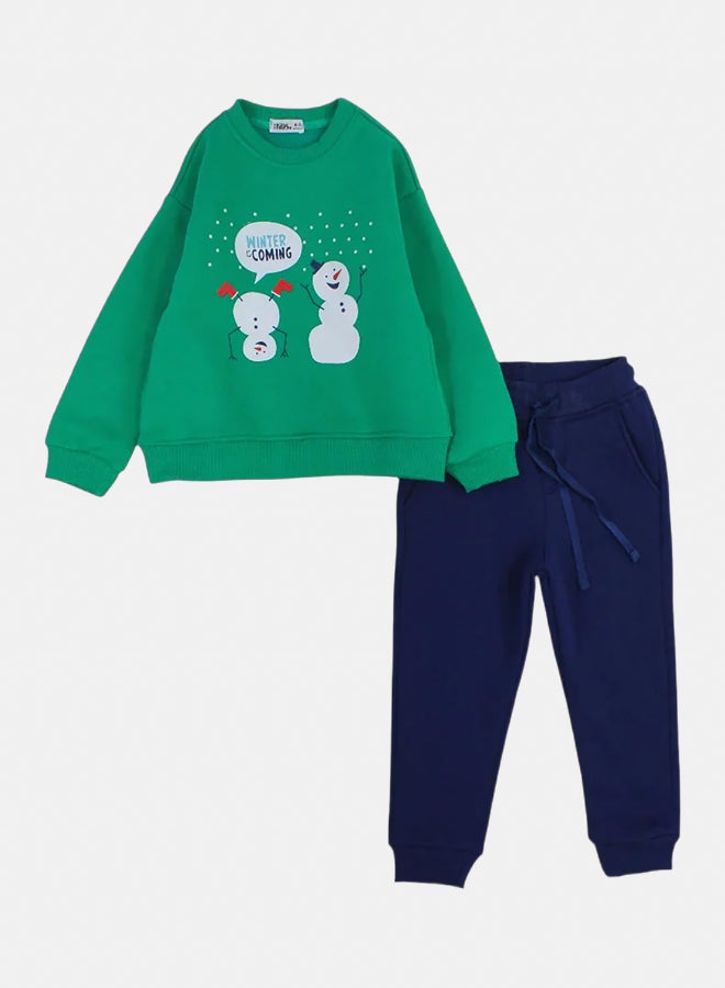 اوركيدز طقم بيجامة أولادي قطن أخضر بتصميم شتوي ثلجي - Image 1