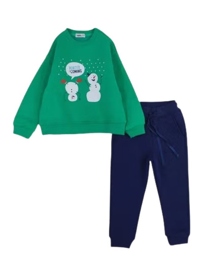 Boys Cotton Pajama Set - Green with a Snowy Winter Design