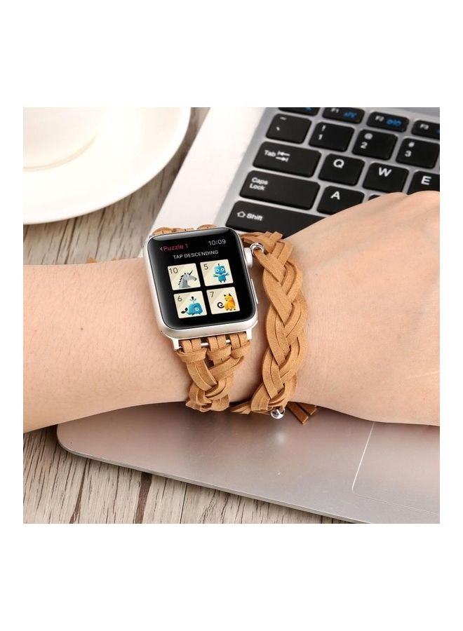 NIBEMINENT Hand-woven Replacement Watch Band Leather Watchband For Apple Series 7 41mm/6 & SE 5 4 40mm/3 2 1 38mm Khaki - Image 2