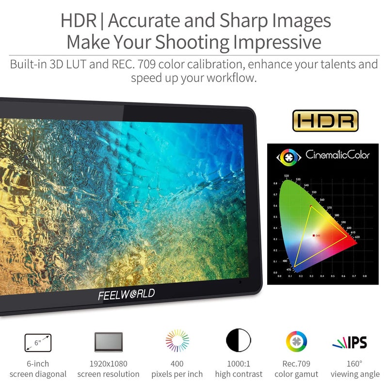 Feelworld FEELWORLD F6 Plus V2 6 inch DSLR Camera Field Touch Screen Monitor with HDR 3D Lut Small Full HD 1920x1080 IPS Video Peaking Focus Assist 4K HDMI 8.4V DC Input Output Include Tilt Arm  - Image 2