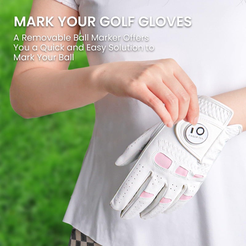 FINGER TEN Womenâ€™s Ladies Golf Gloves Left Hand Right with Ball Marker Leather Grip 1 Pack, Pink Fit Woman Girl, Size Small Medium Large XL (Medium, Left) - Image 4