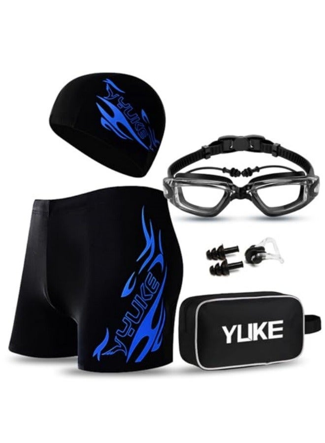 YUKE Men's Swimm Short Set,6Pcs Men Swimwear Set Swimming Trunks, Swim Goggles,Swim Cap,Ear Plugs,Nose Clip,Swim Bag, Adult Swim Beach Essentials, Blue - Image 1