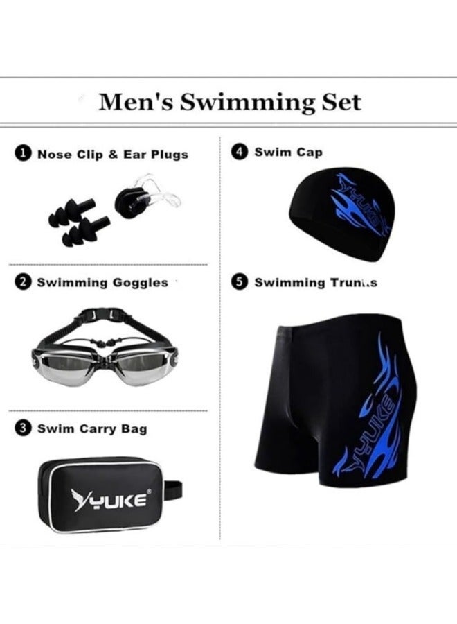 YUKE Men's Swimm Short Set,6Pcs Men Swimwear Set Swimming Trunks, Swim Goggles,Swim Cap,Ear Plugs,Nose Clip,Swim Bag, Adult Swim Beach Essentials, Blue - Image 5