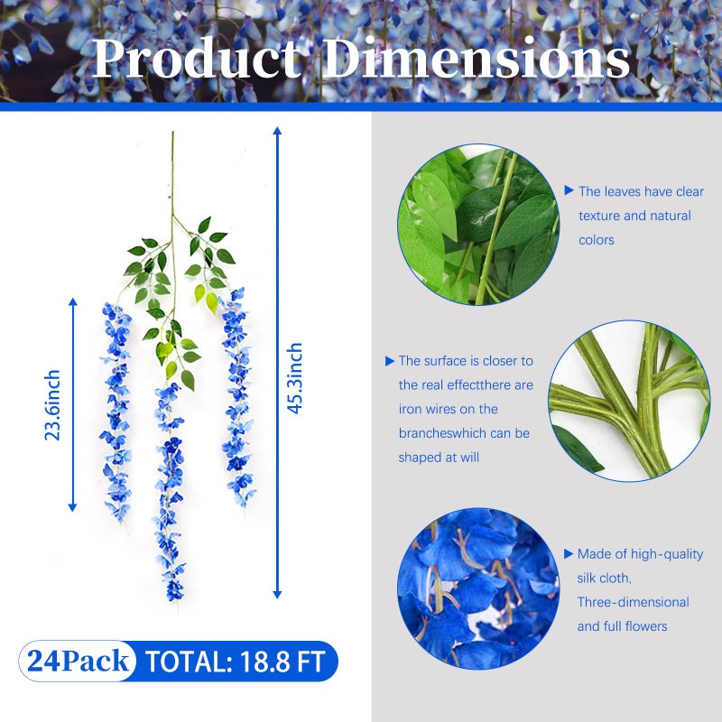 ZEBMOON 24Pack Royal Blue Wisteria Hanging Flowers  Royal Blue 3.77 Ft Fake Hanging Flowers  Royal Blue Artificial Wisteria Garland  Royal Blue Wisteria Flower Vines  Wisteria Backdrop  Wisteria Flowers Decor - Image 2
