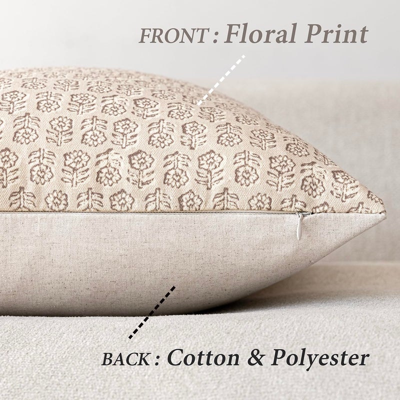 Foindtower Set of 2 Decorative Vintage Floral Print Throw Pillow Covers Neutral Modern Farmhouse Cushion Covers Boho Home Decor for Sofa Couch Chair Bedroom Living Room,20Ã—20 Inch,Ivory Beige - Image 2