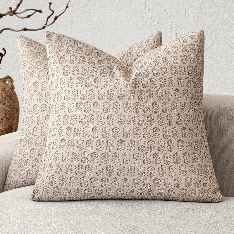 Foindtower Set of 2 Decorative Vintage Floral Print Throw Pillow Covers Neutral Modern Farmhouse Cushion Covers Boho Home Decor for Sofa Couch Chair Bedroom Living Room,20Ã—20 Inch,Ivory Beige - Image 1