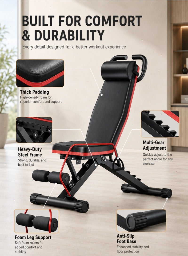 Pomefar Foldable Adjustable Weight Bench, Multifunctional Workout Fitness Bench for Full Body Training, 1100LBS Capacity Home Gym Bench with Leg Support & Resistance Bands - Image 4
