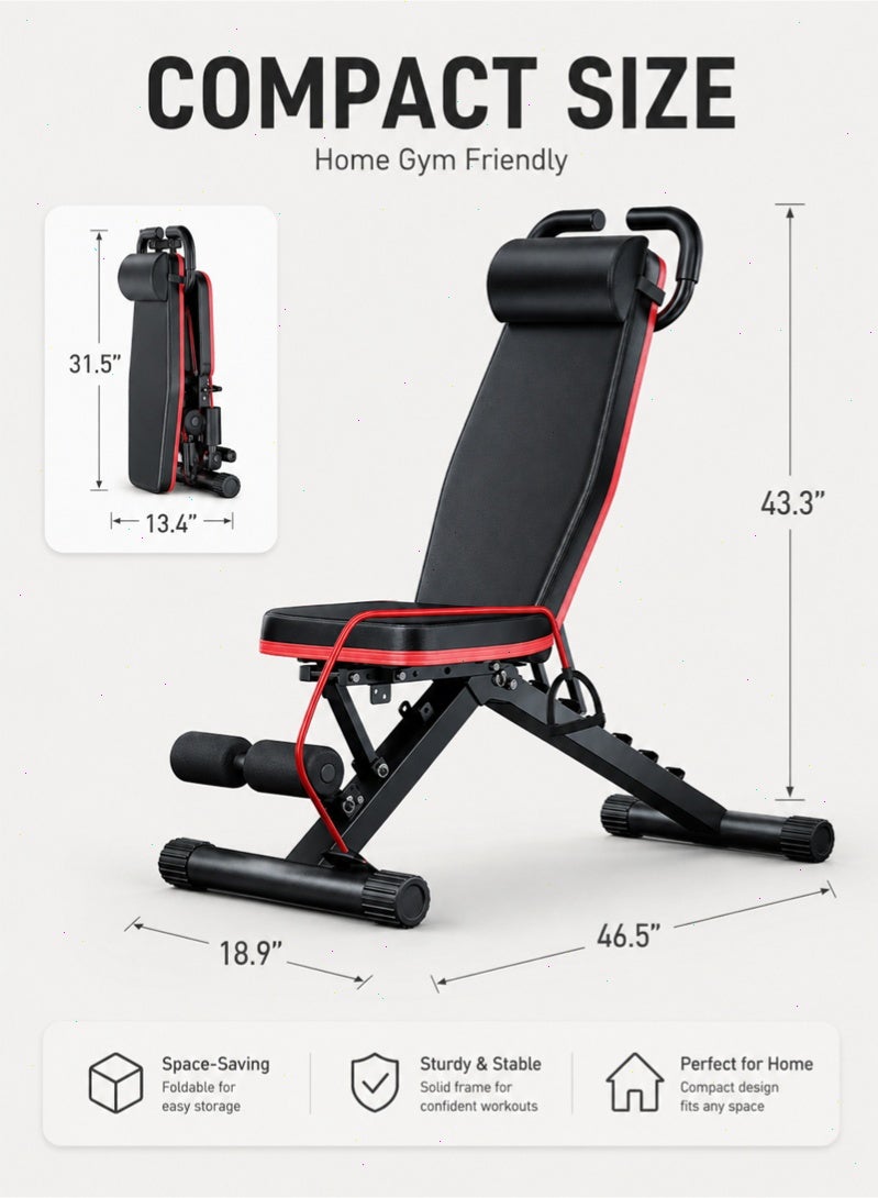 Pomefar Foldable Adjustable Weight Bench, Multifunctional Workout Fitness Bench for Full Body Training, 1100LBS Capacity Home Gym Bench with Leg Support & Resistance Bands - Image 2