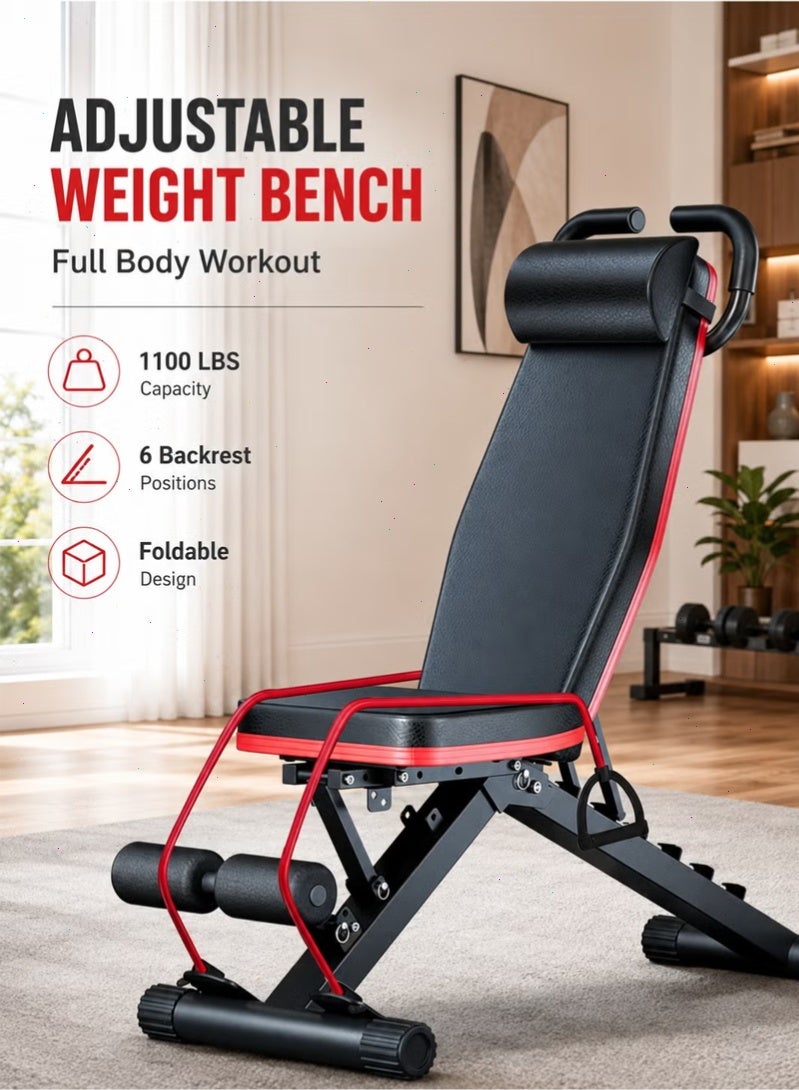 Pomefar Foldable Adjustable Weight Bench, Multifunctional Workout Fitness Bench for Full Body Training, 1100LBS Capacity Home Gym Bench with Leg Support & Resistance Bands - Image 1