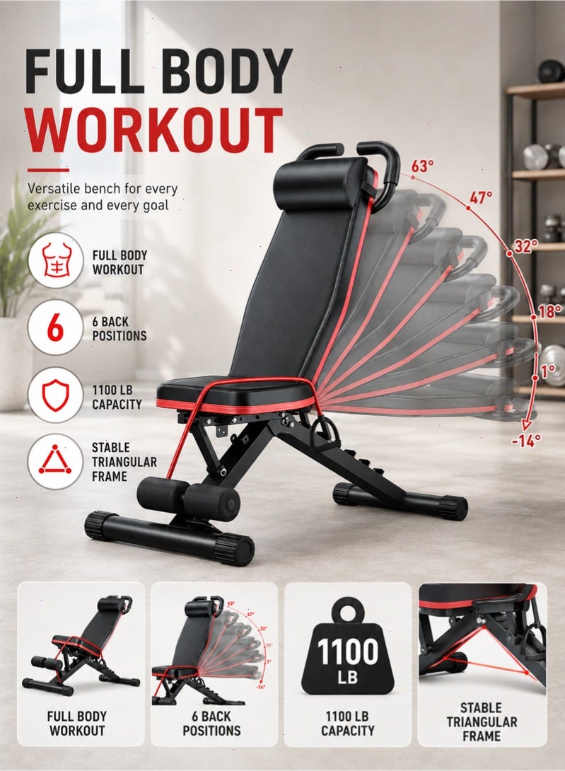 Pomefar Foldable Adjustable Weight Bench, Multifunctional Workout Fitness Bench for Full Body Training, 1100LBS Capacity Home Gym Bench with Leg Support & Resistance Bands - Image 3